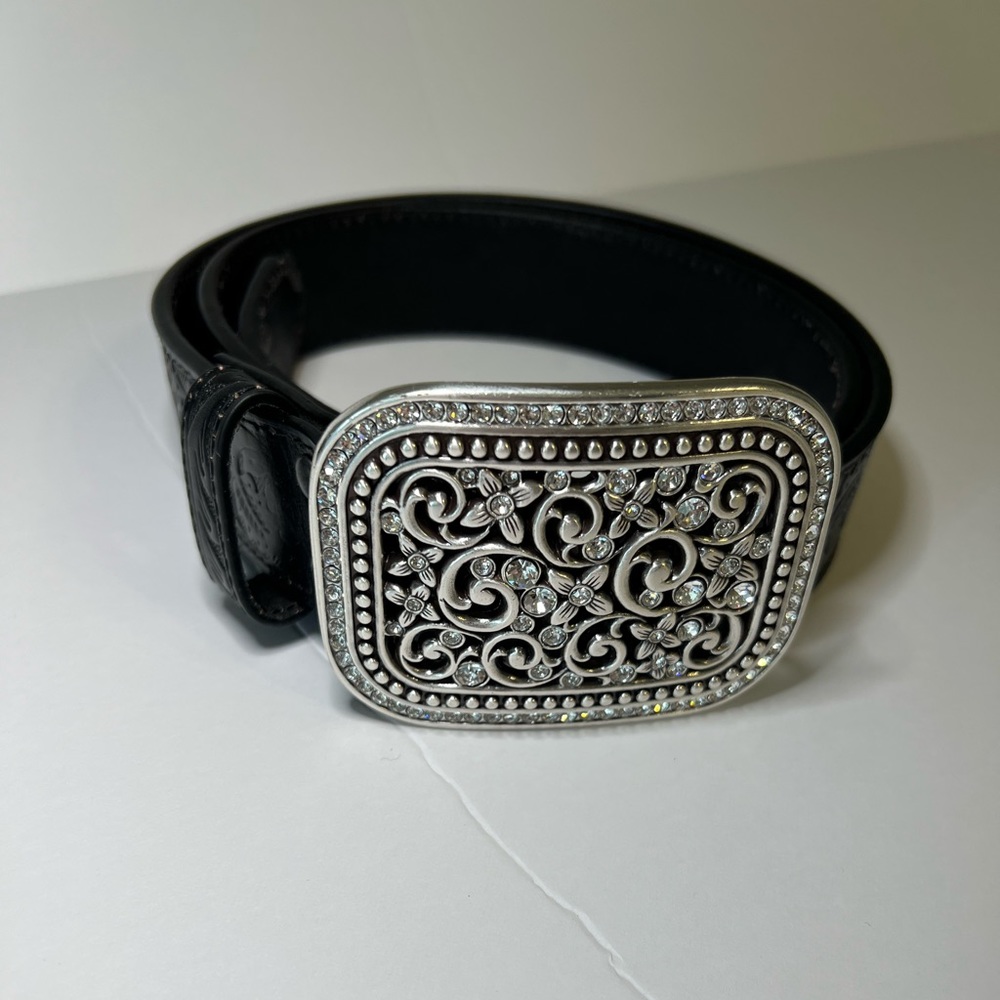 Ariat Black Tooled Leather Belt with Silver & Rhinestone Buckle
